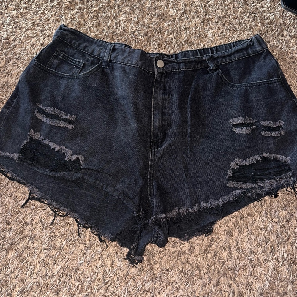 SHEIN Black Distressed Jean Shorts with Raw-Edge Hem